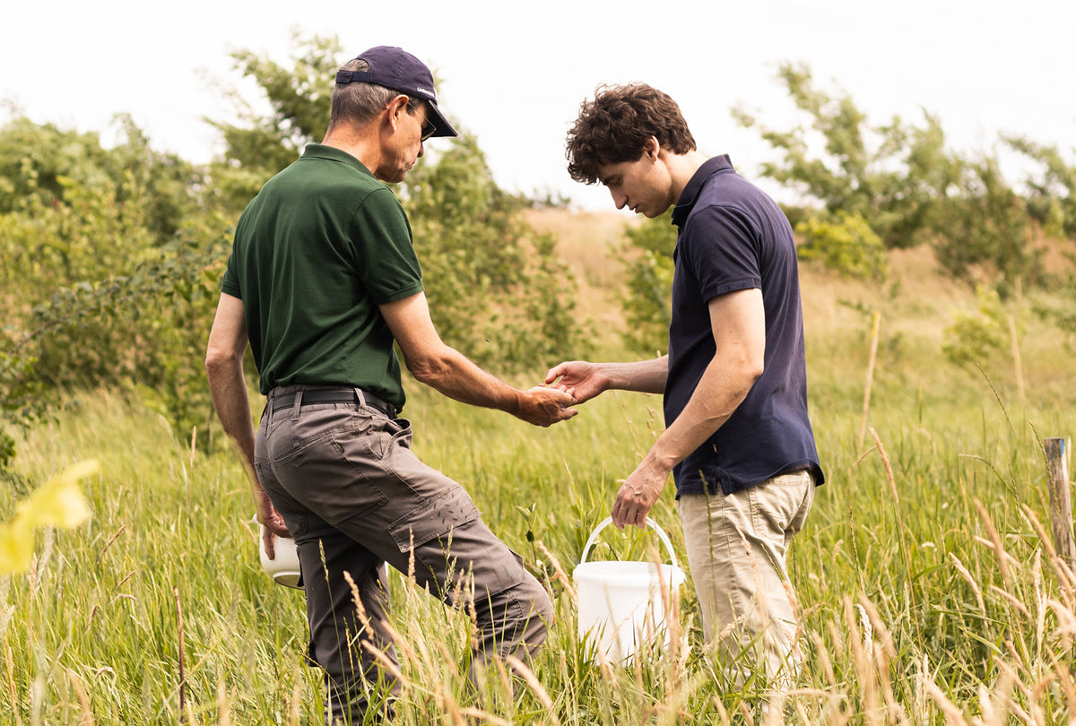 Samen plukken in het hoge gras van het voedselbos