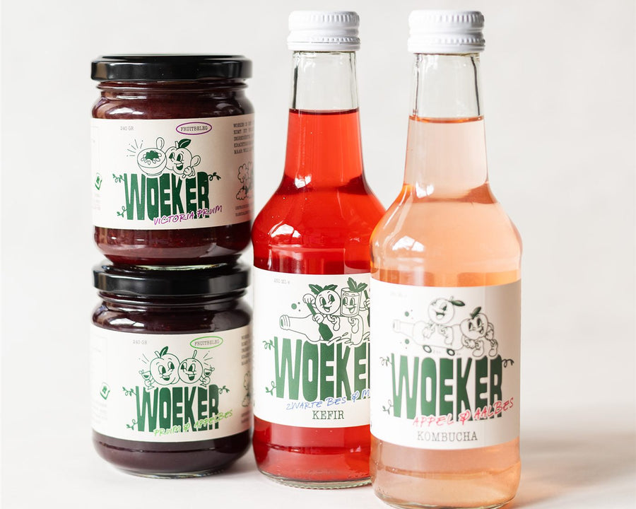 Potten jam, kefir en kombucha van Woeker, te koop in de boerderijwinkel